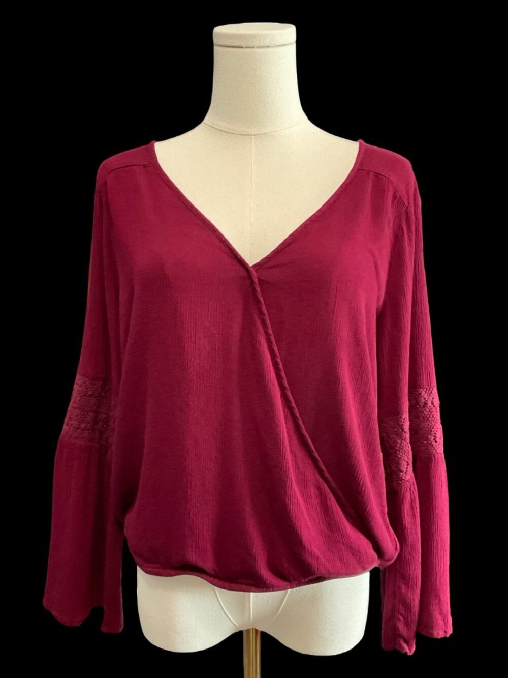 Burgundy Wrap Blouse w/ Crochet Detail